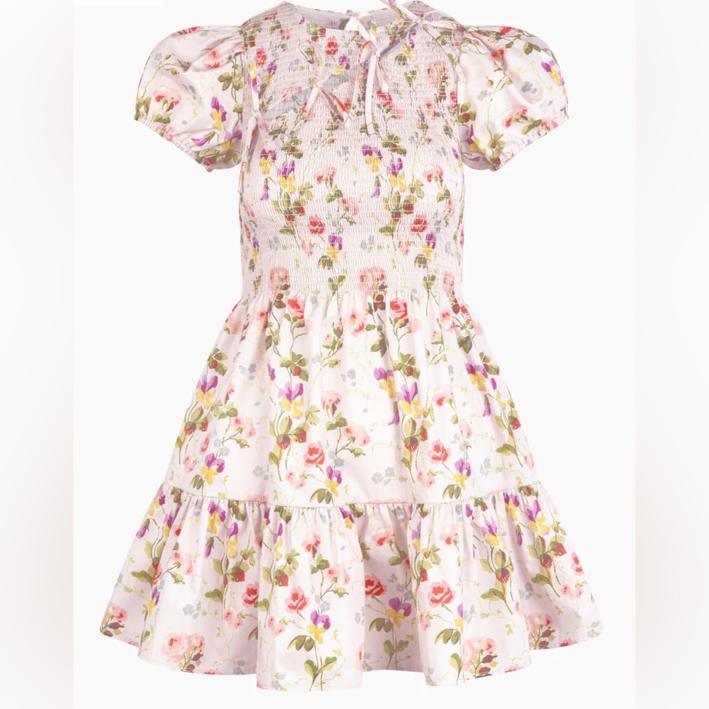 Hill House Floral Smocked Mini Dress in White and Pink